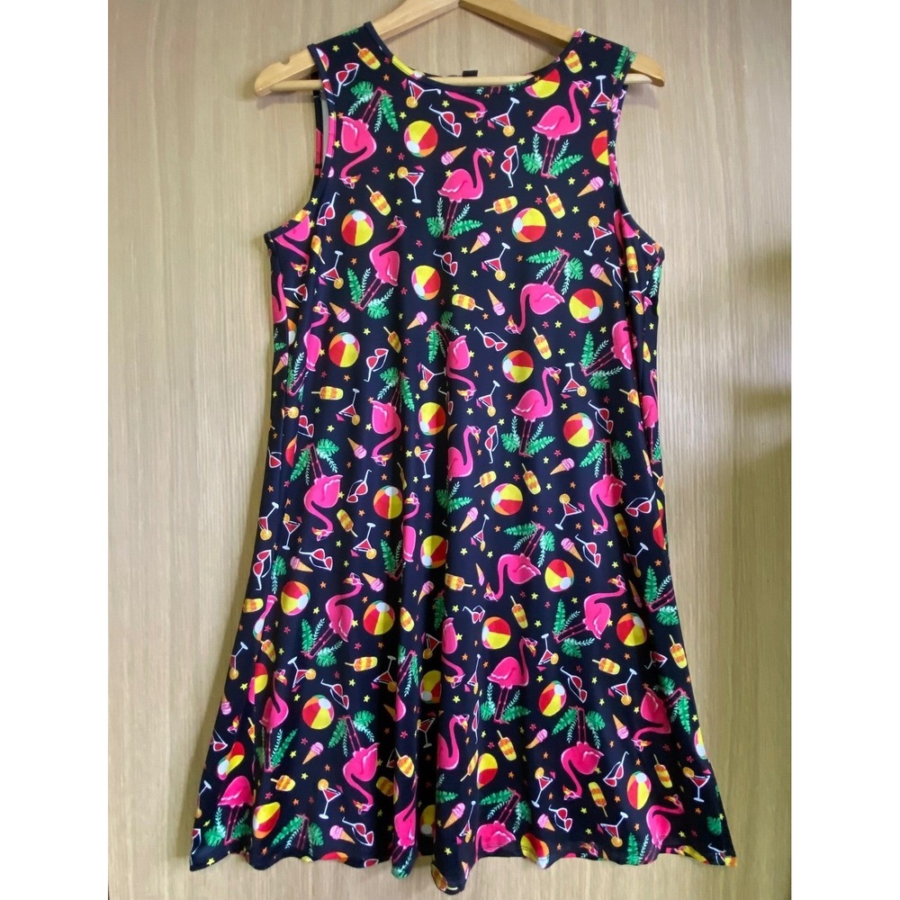 Dress Works Women Medium Sleeveless Flamingo Beach Party A-Line Dress Black Mod